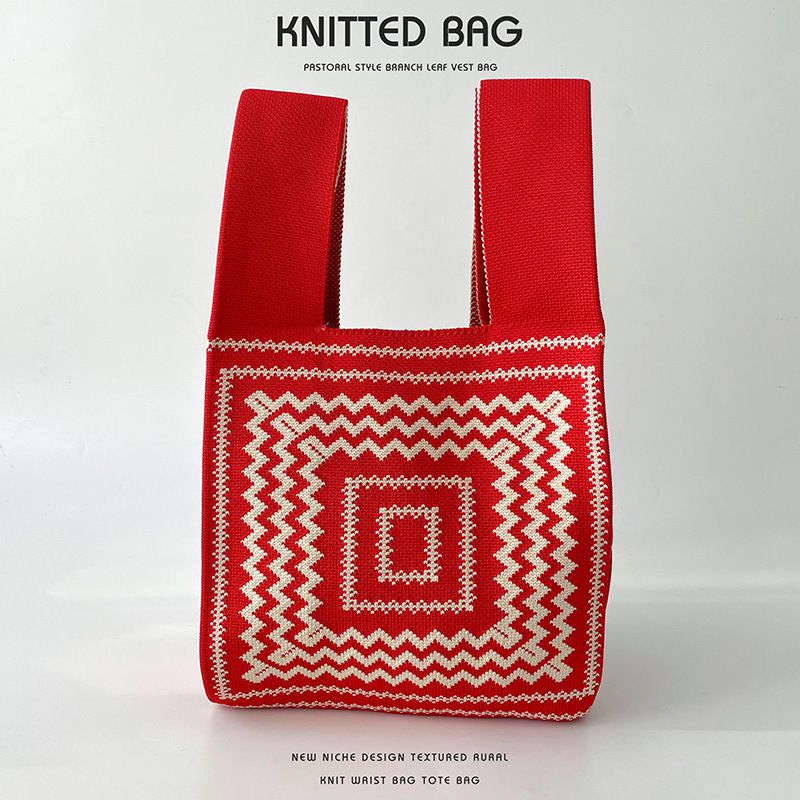 Fashion Wavy Red Polyester Knitted Printed Tote Bag