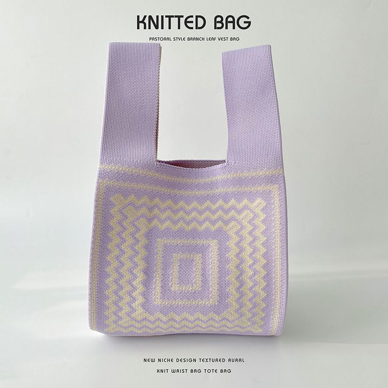 Fashion Wavy Purple Polyester Knitted Printed Tote Bag