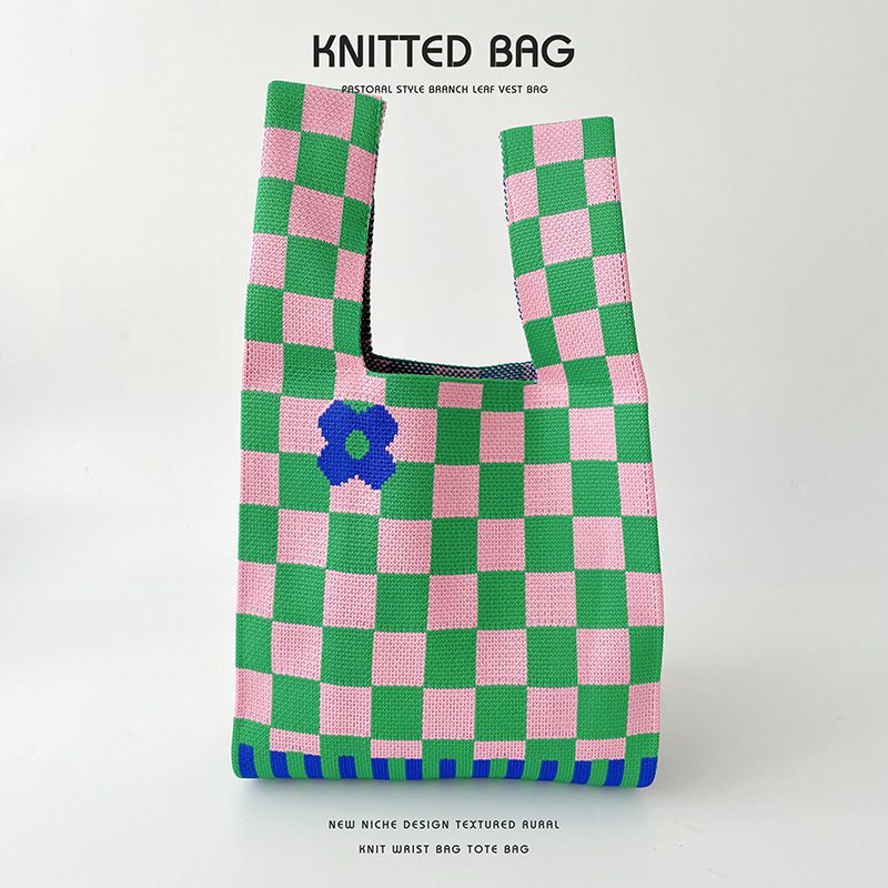 Fashion Pink And Green Checkerboard Flowers Polyester Knitted Printed Tote Bag