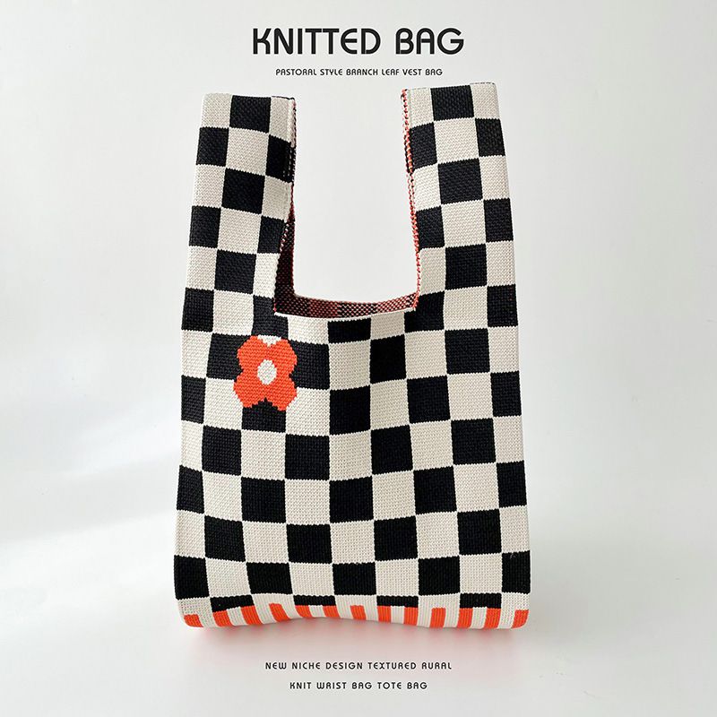 Fashion Black And White Checkerboard Flowers Polyester Knitted Printed Tote Bag