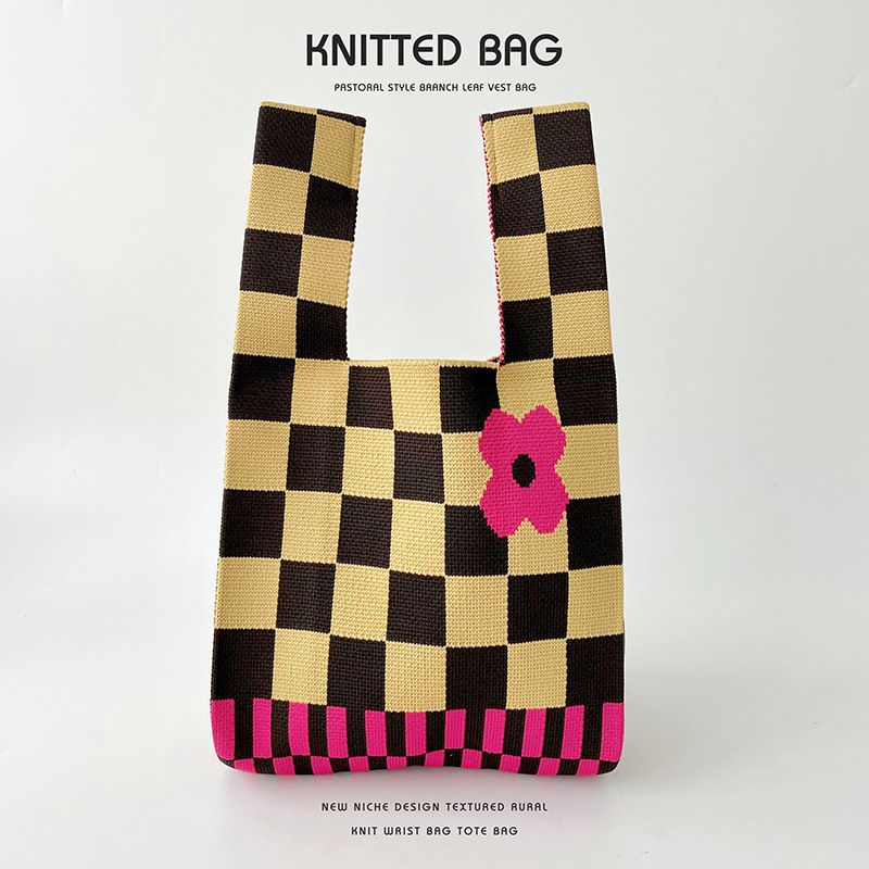 Fashion Black And Yellow Checkerboard Flowers Polyester Knitted Printed Tote Bag