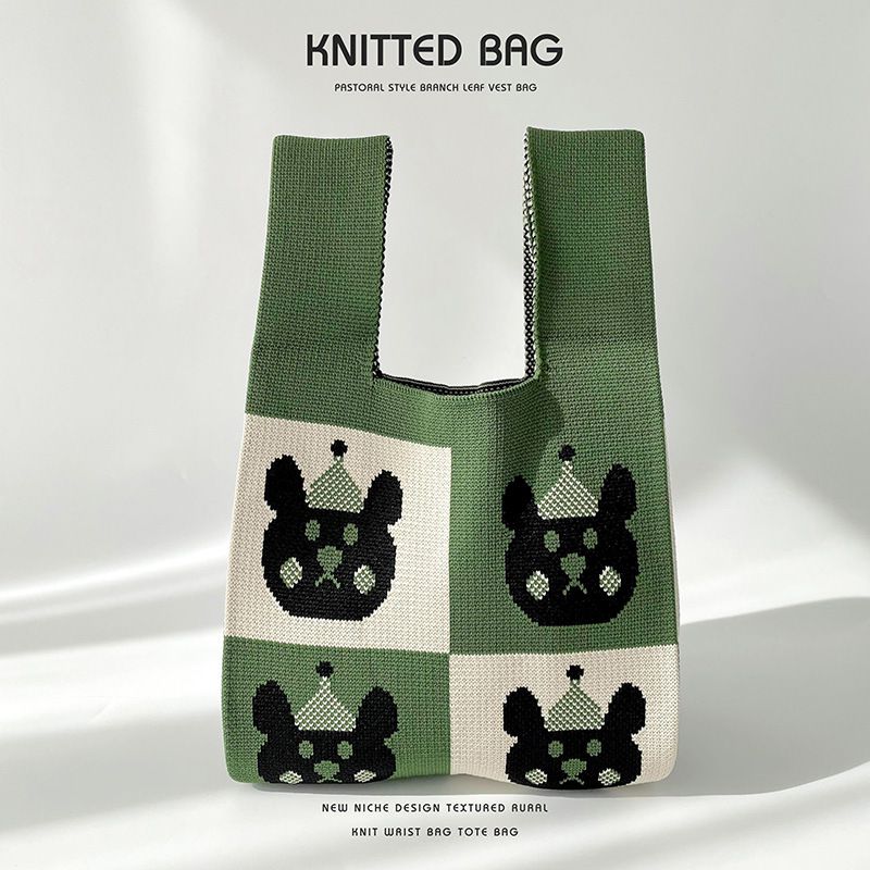 Fashion Green Christmas Bear Polyester Knitted Printed Tote Bag
