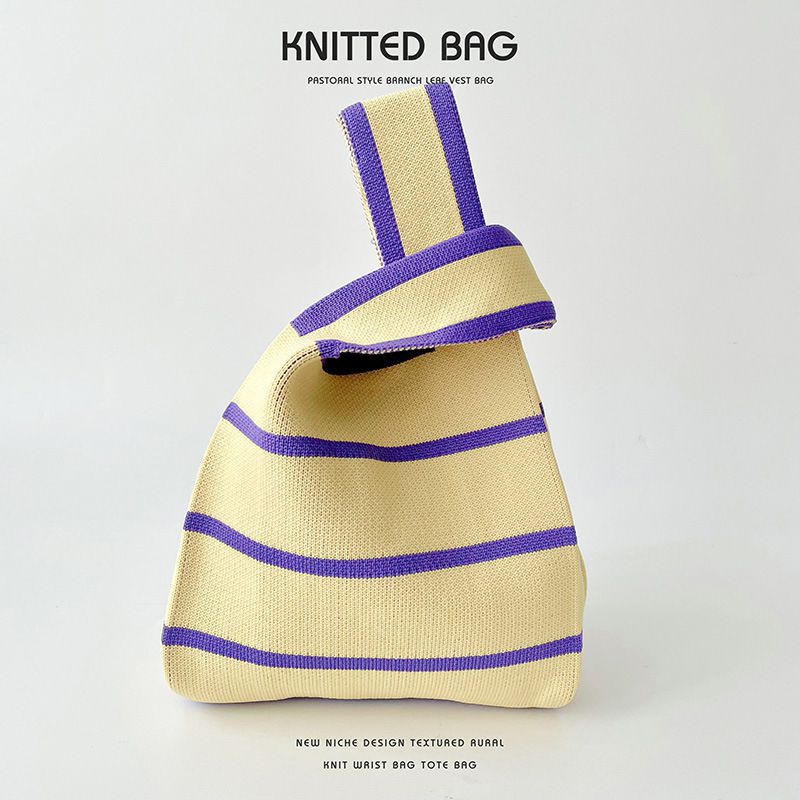 Fashion Striped Purple And Yellow Polyester Knitted Printed Tote Bag