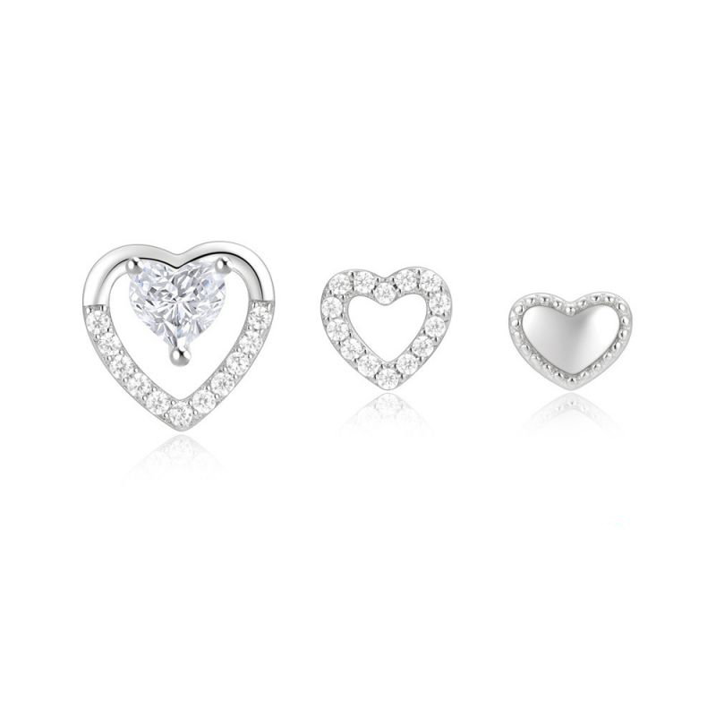 Fashion Set Of 3 In Platinum Color Silver Diamond Love Earring Set