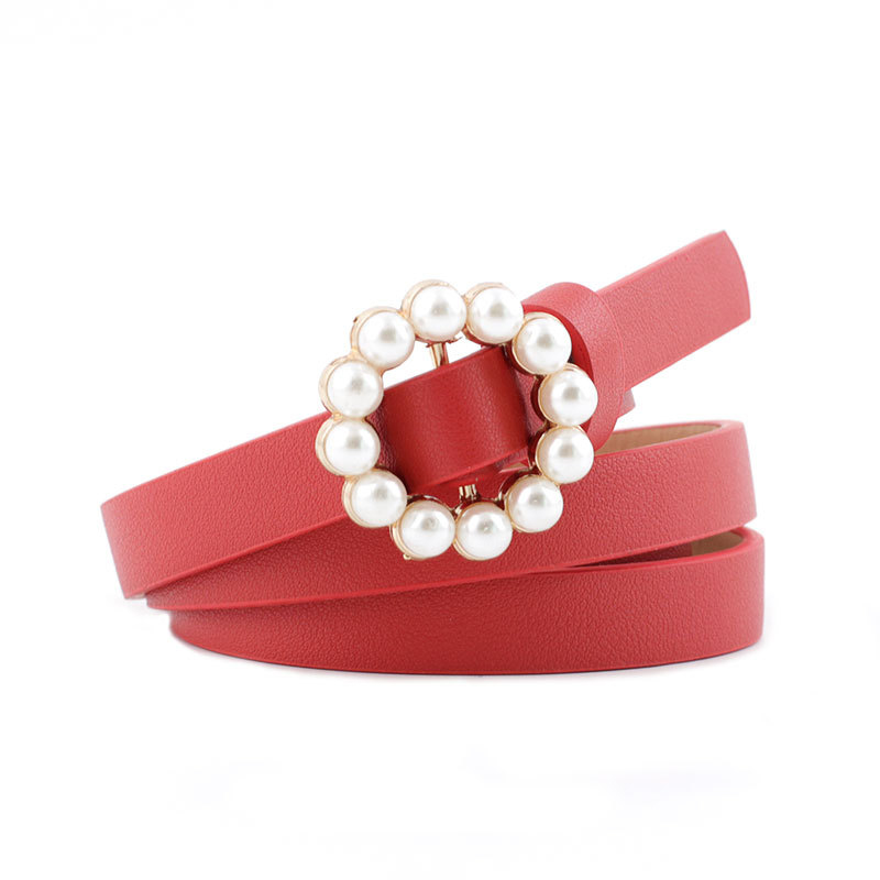 Fashion Red Faux Leather Wide Belt With Pearl Round Buckle