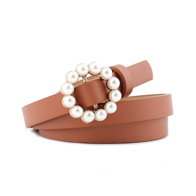 Fashion Camel Faux Leather Wide Belt With Pearl Round Buckle