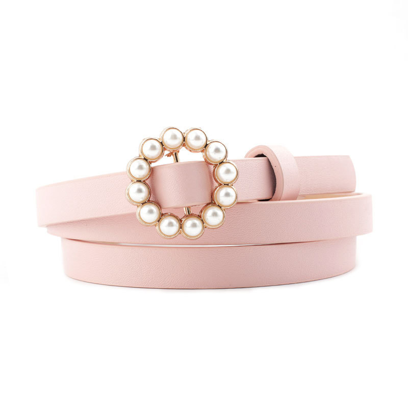 Fashion Pink Faux Leather Wide Belt With Pearl Round Buckle