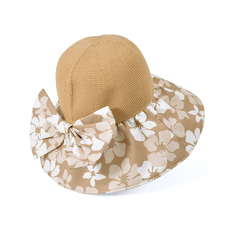 Fashion Khaki Polyester Printed Large Brim Bow Sun Hat