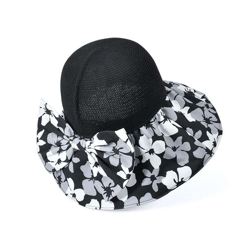 Fashion Black Polyester Printed Large Brim Bow Sun Hat