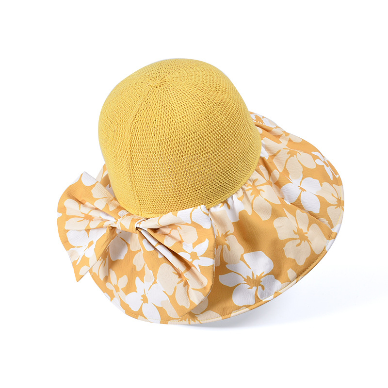 Fashion Turmeric Polyester Printed Large Brim Bow Sun Hat