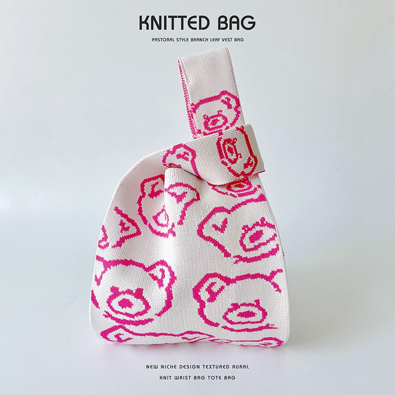 Fashion Light Pink Bear Polyester Knitted Printed Tote Bag