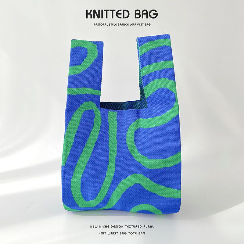 Fashion Lines Blue And Green Polyester Knitted Printed Tote Bag