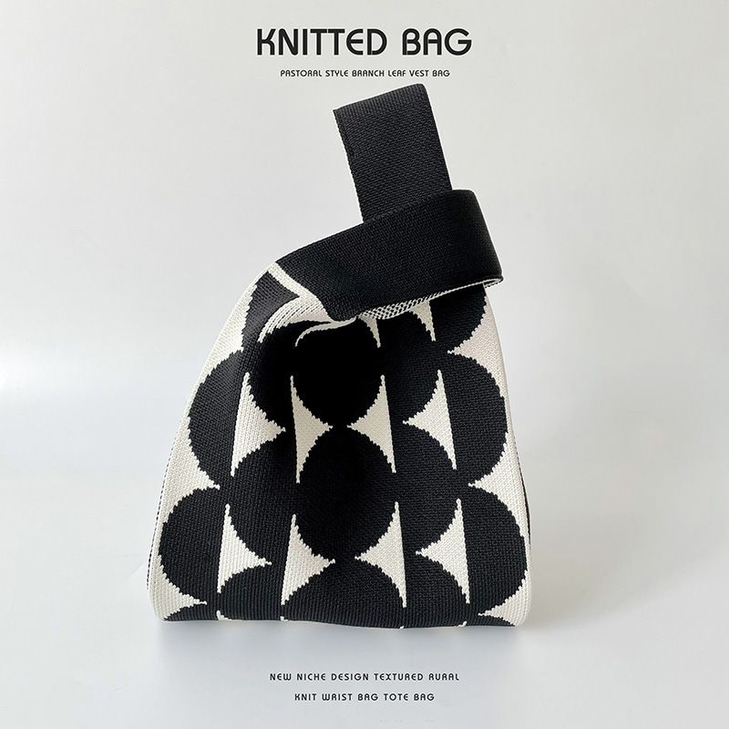 Fashion Black Semicircle Polyester Knitted Printed Tote Bag