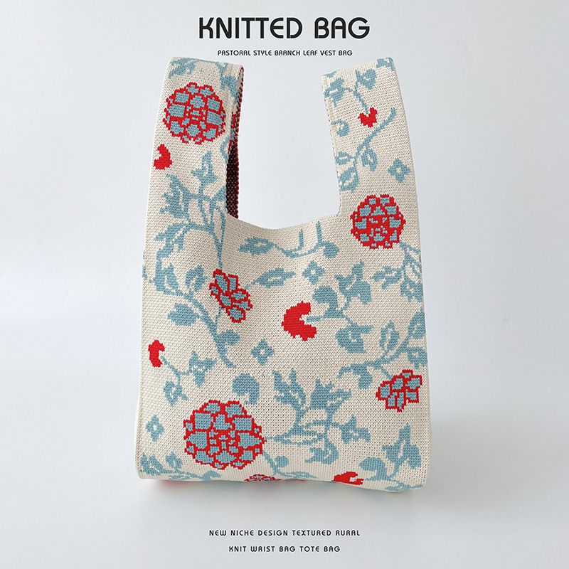 Fashion Apricot Hydrangea Polyester Knitted Printed Tote Bag
