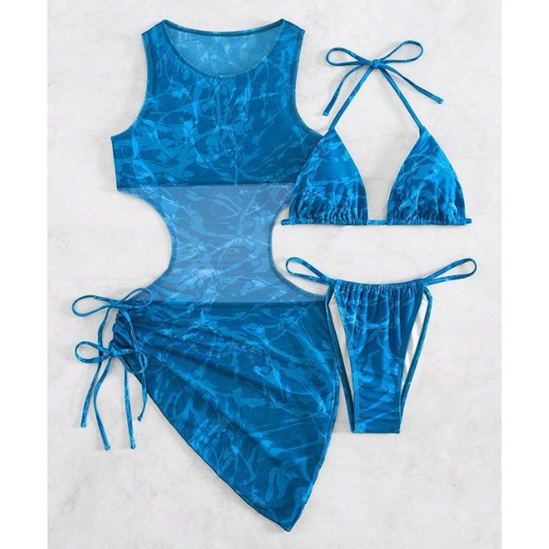 Fashion Blue Polyester Printed Swimsuit Three-piece Bikini Set