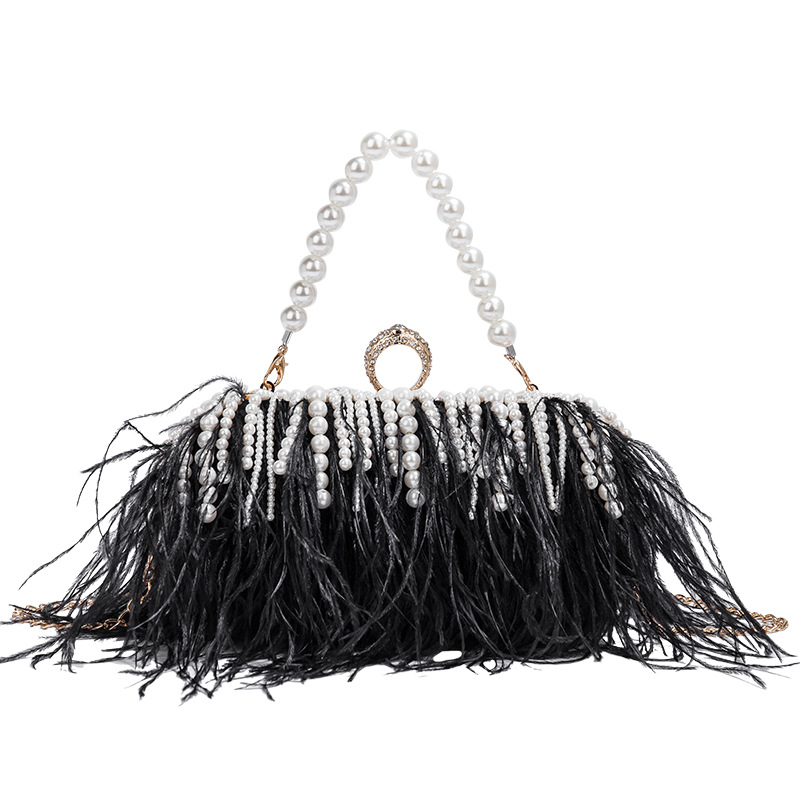 Fashion Black Ostrich Feather Pearl Chain Crossbody Bag