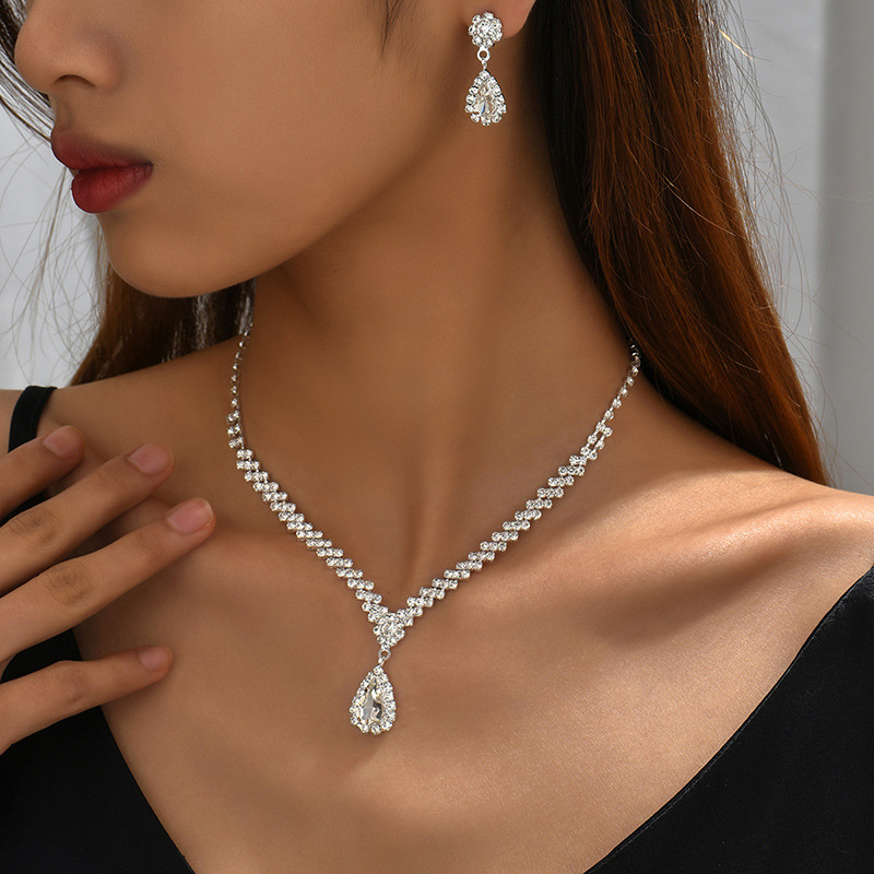 Fashion 3# Geometric Diamond Earrings And Necklace Set