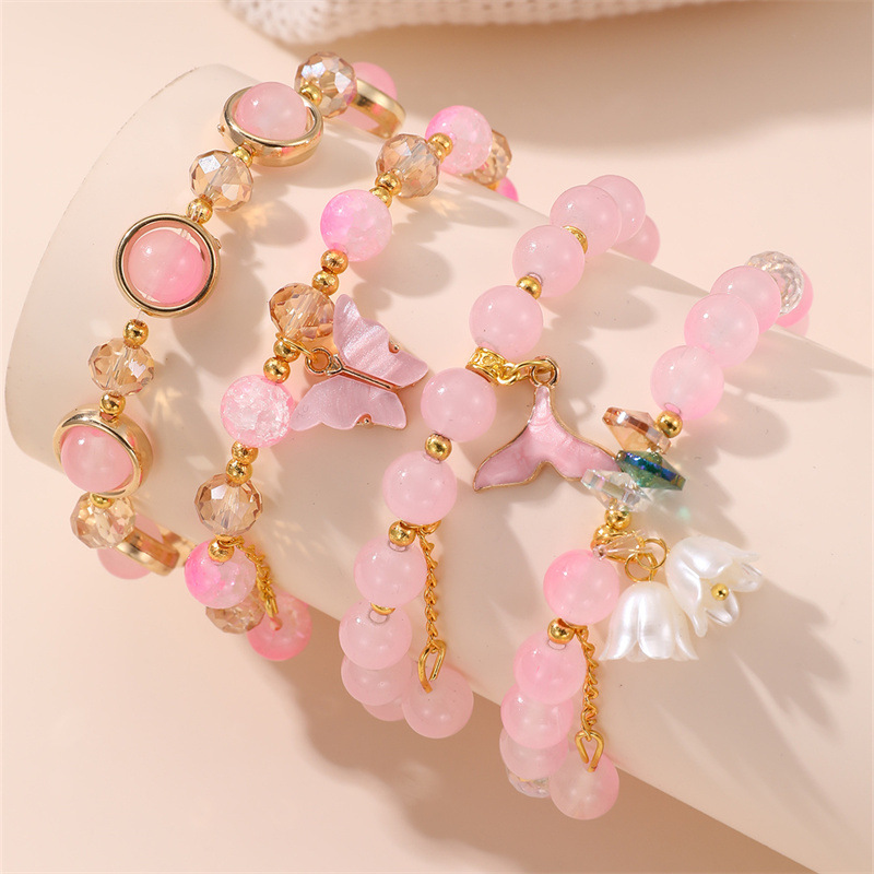 Fashion Pink Glass Geometric Beaded Flower Fishtail Butterfly Bracelet Set