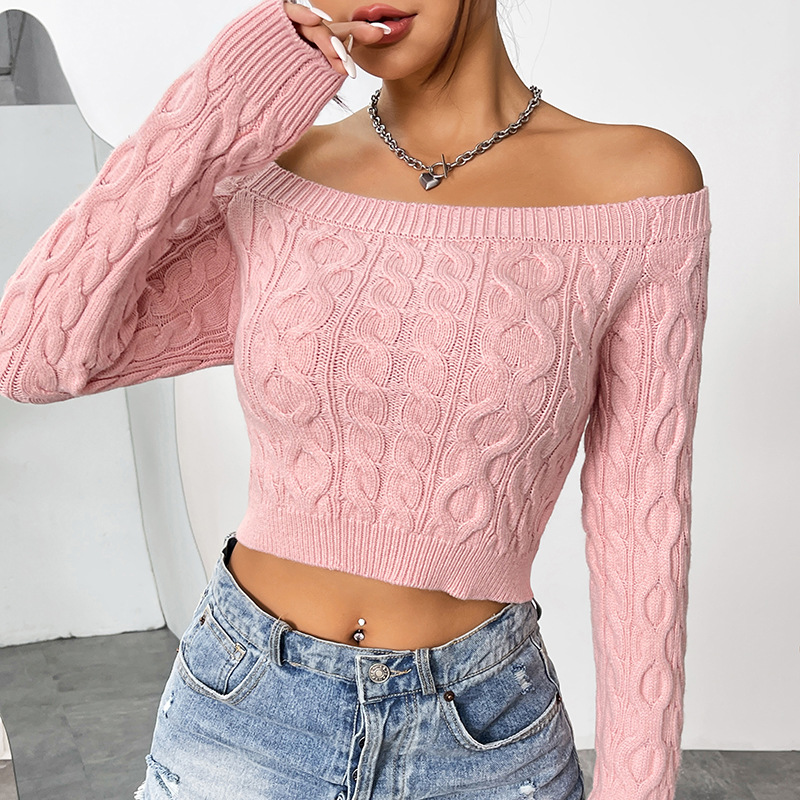 Fashion Pink Sweater Polyester Knitted Crew Neck Sweater
