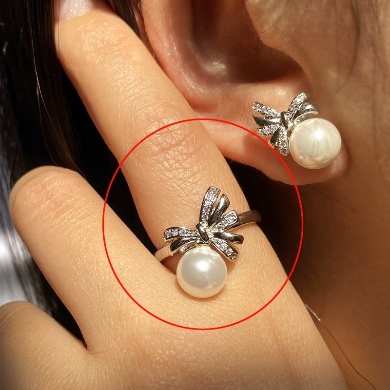 Fashion Bow Shell Bead Ring [open Copper Diamond Bow Pearl Ring