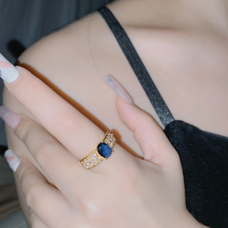 Fashion [blue Corundum] Opening Is Adjustable Copper And Diamond Oval Ring
