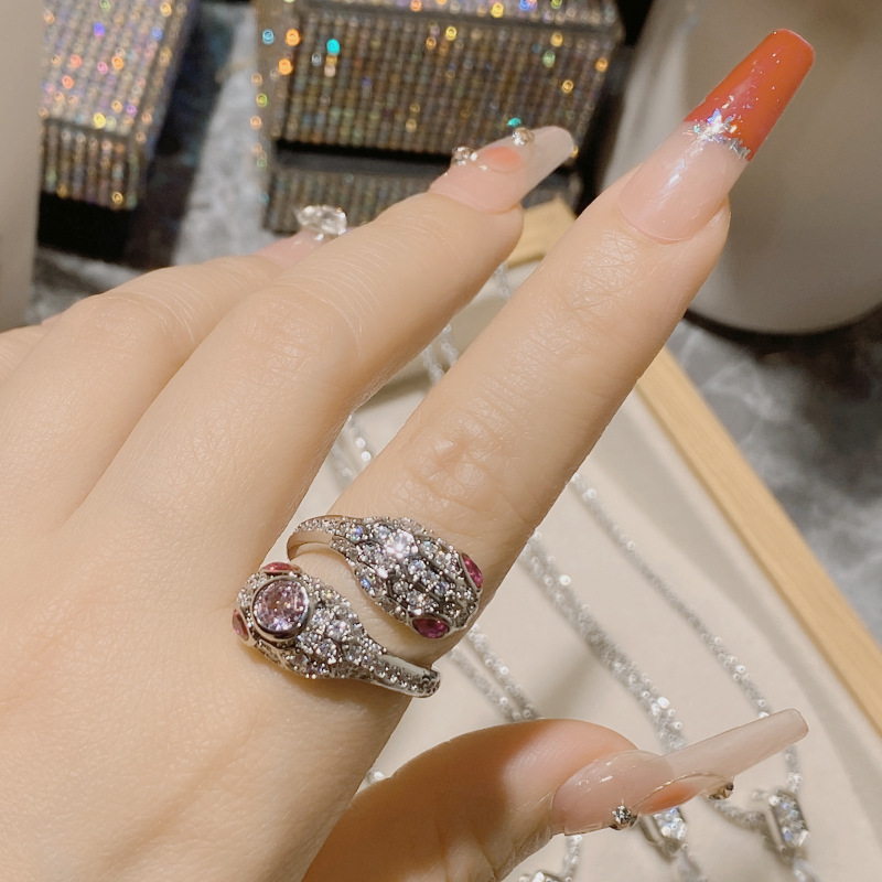 Fashion 【pink】ring Copper And Diamond Snake Open Ring