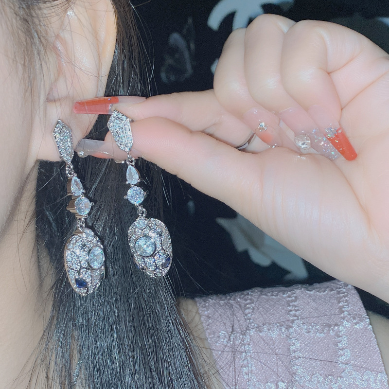 Fashion 【sapphire Blue】earrings Copper Diamond Snake Head Earrings