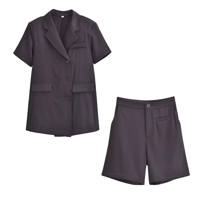 Fashion Black Polyester Lapel Double Breasted Blazer Shorts Set