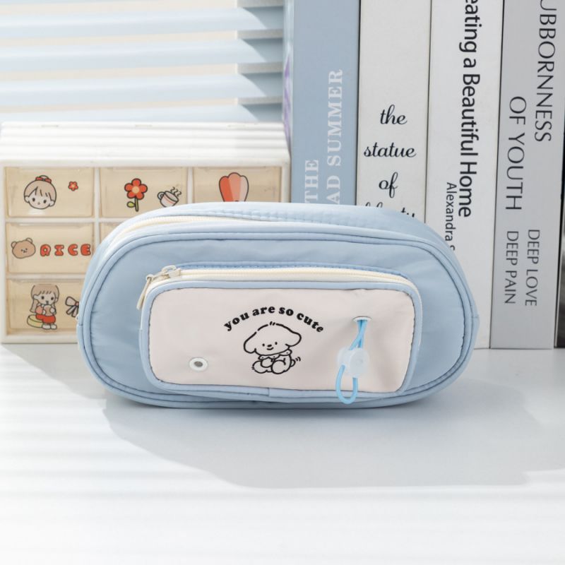 Fashion Light Blue Polyester Large Capacity Multi-layer Pencil Case