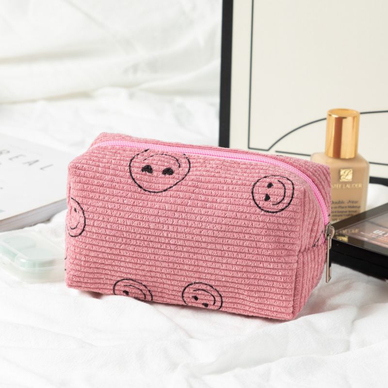 Fashion Pink Love Eyes Cosmetic Bag Corduroy Vertical Pattern Large Capacity Cosmetic Bag
