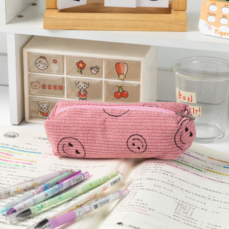 Fashion Pink Love Eye Pencil Bag Corduroy Vertical Pattern Large Capacity Pencil Case