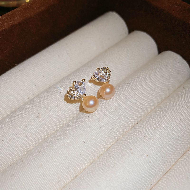 Fashion Gold (freshwater Pearl Real Gold Plating) Metal Diamond Love Pearl Stud Earrings