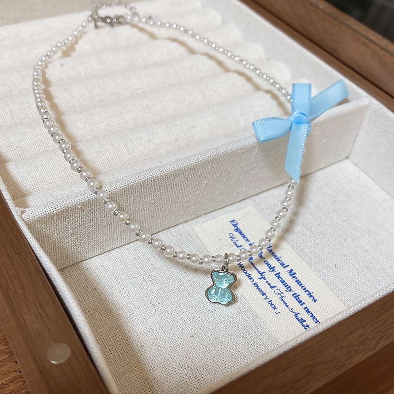 Fashion Necklace-blue Geometric Beaded Bear Necklace