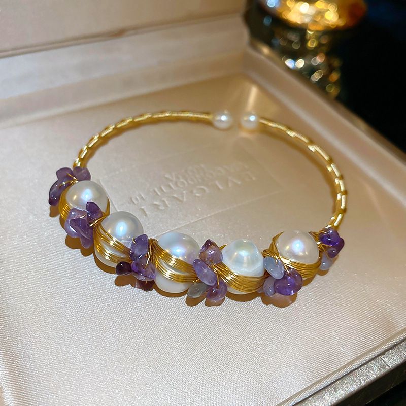 Fashion Bracelet - Gold (real Gold Plating + Freshwater Pearls) Metal Geometric Gravel Wrapped Pearl Bracelet