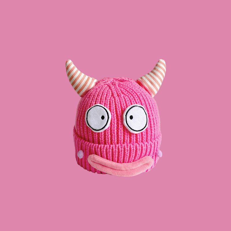 Fashion Sausage Mouth Big Eyes Horn Rose Pink Head Circumference 52-60cm Can Be Used By Parents And Children Acrylic Knitted Horn Beanie