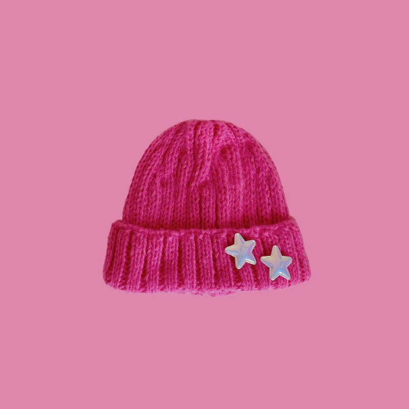Fashion Double Star Knitted Rose Red Head Circumference 47-52cm Acrylic Knitted Three-dimensional Five-pointed Star Wool Hat