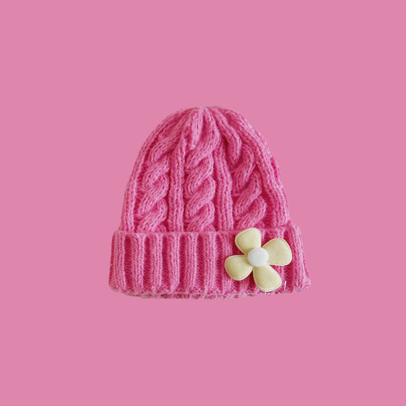 Fashion Frangipani Pink Head Circumference 48-53cm Acrylic Knitted Three-dimensional Flower Beanie
