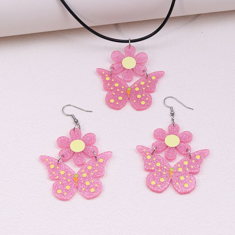 Fashion Butterfly Flowers [earrings And Necklace Set] Acrylic Butterfly Flower Necklace And Earrings Set