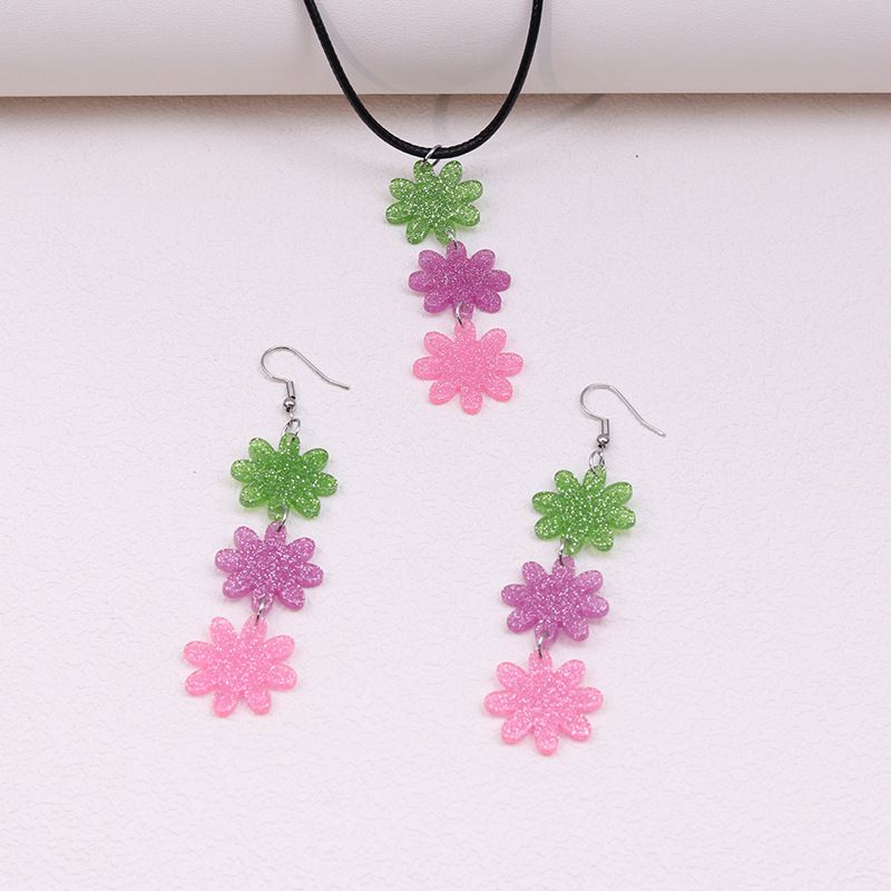 Fashion Three Flowers [earrings And Necklace Set] Acrylic Flower Necklace And Earrings Set