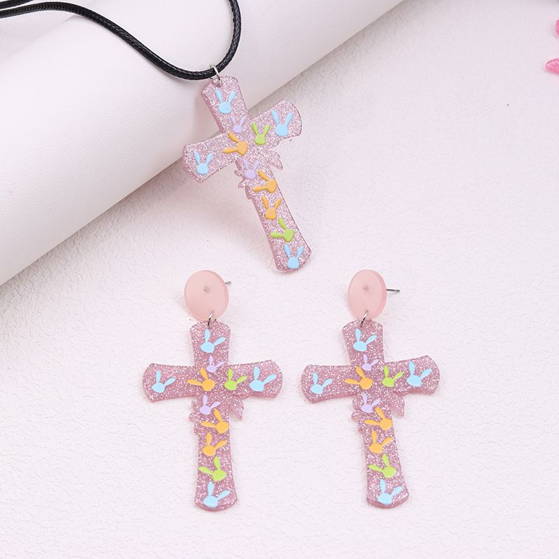Fashion Cross Flower [earrings And Necklace Set] Acrylic Cross Earrings Necklace Set
