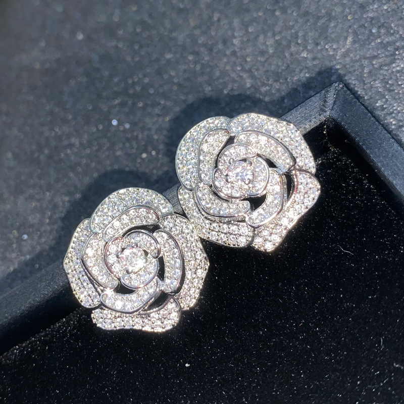 Fashion Camellia Earrings Copper Diamond Flower Stud Earrings