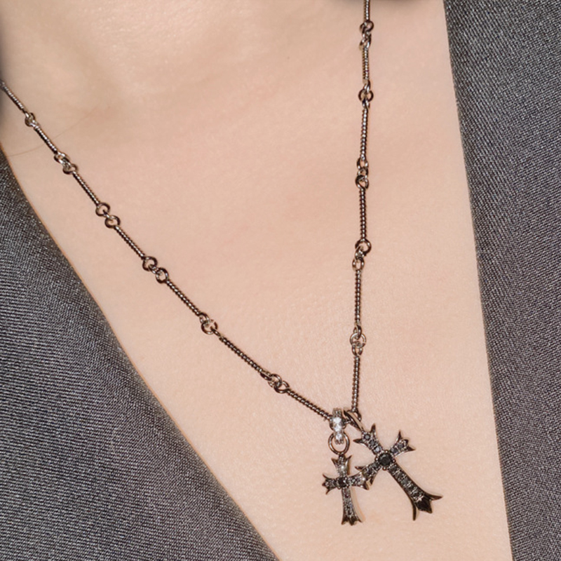 Fashion Cross [gun Black-obsidian] Includes 50cm Chain Copper Diamond Cross Necklace
