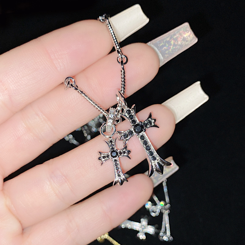 Fashion Cross【white Gold-obsidian】includes 50cm Chain Copper Diamond Cross Necklace