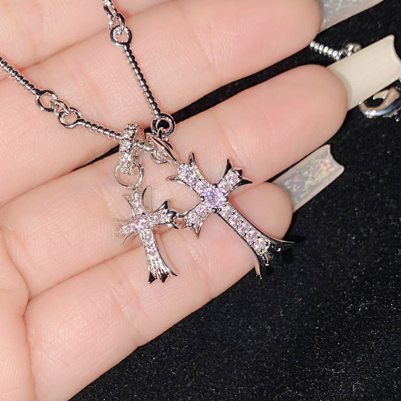 Fashion Cross [white Gold-pink Diamond] Includes 50cm Chain Copper Diamond Cross Necklace