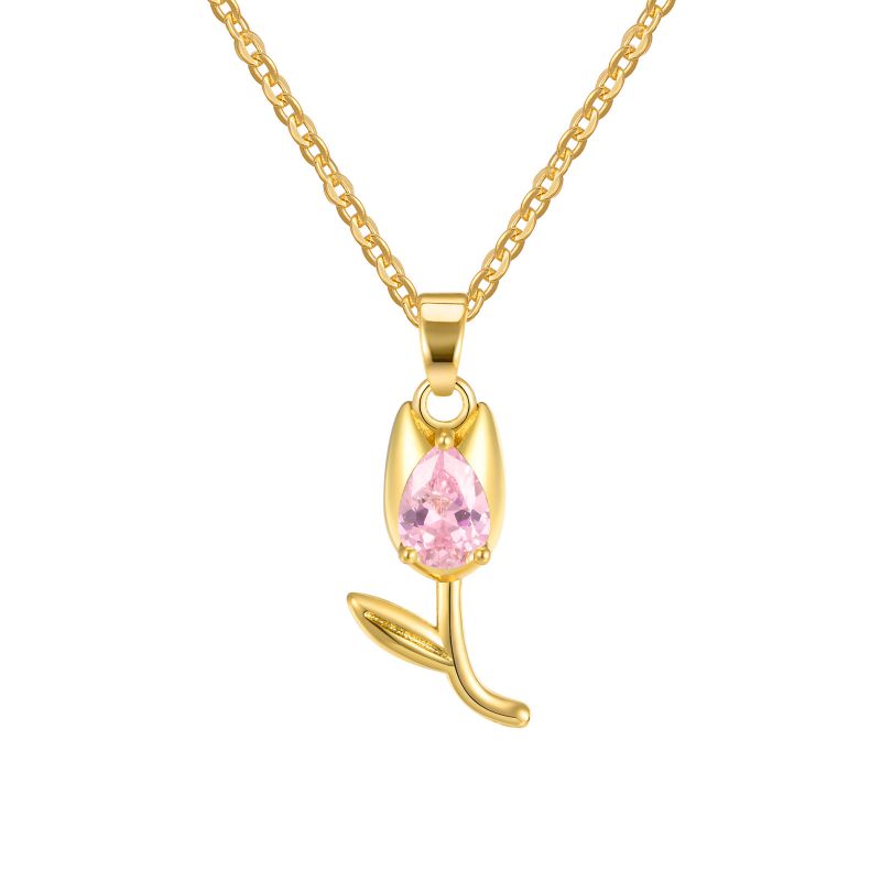 Fashion Pink Copper Set Zirconium Tulip Necklace