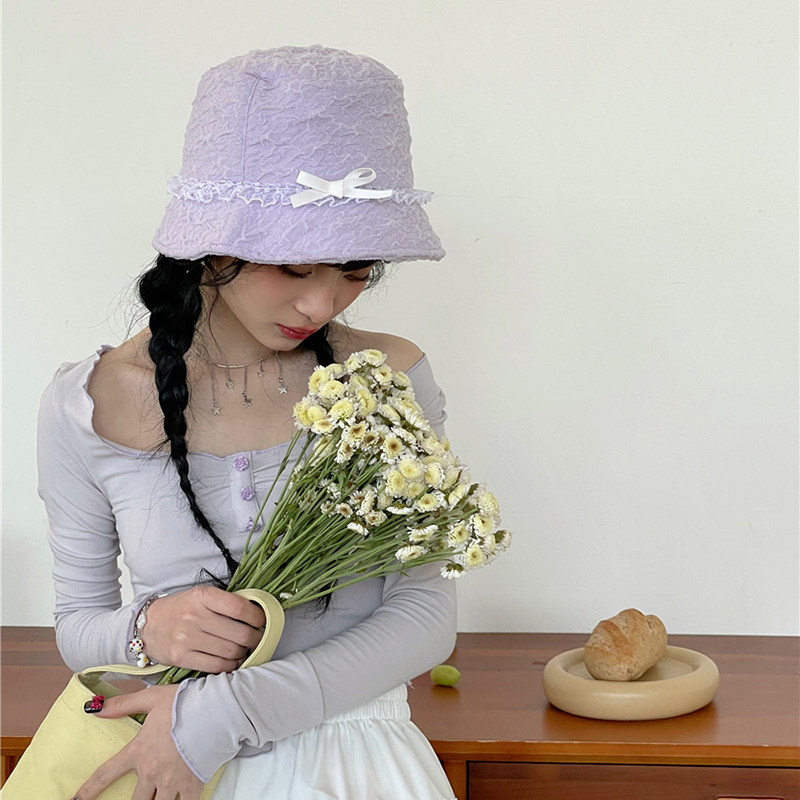 Fashion Purple Seersucker Love Bow Bucket Hat
