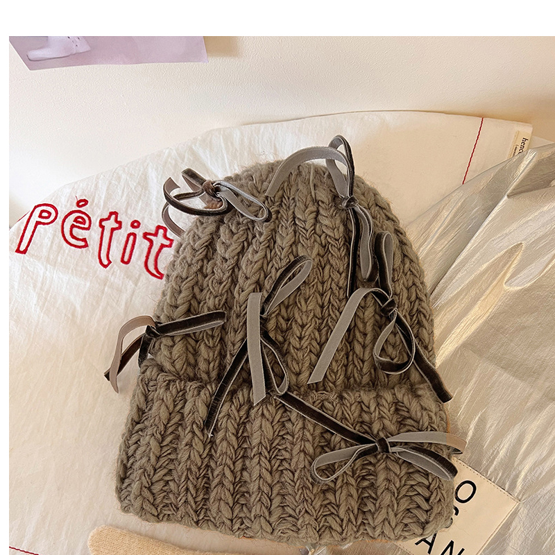 Fashion Brown Thick Knitted Bow Beanie