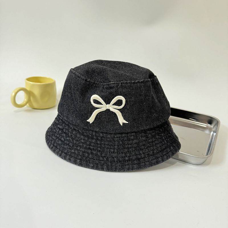 Fashion Black Jeans Bow Embroidered Bucket Hat