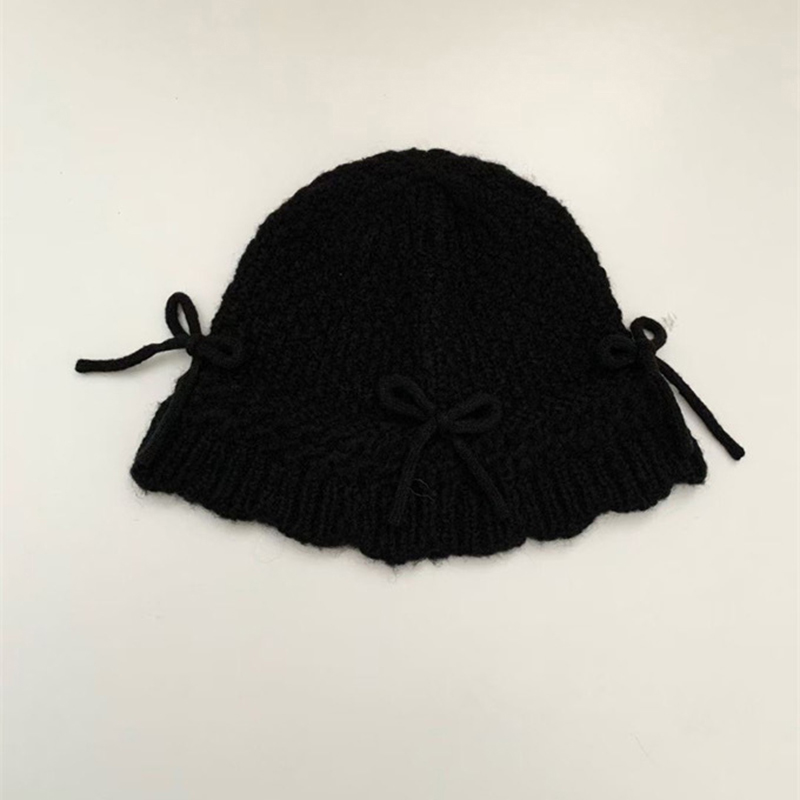Fashion Black Wool Knitted Bow Bucket Hat