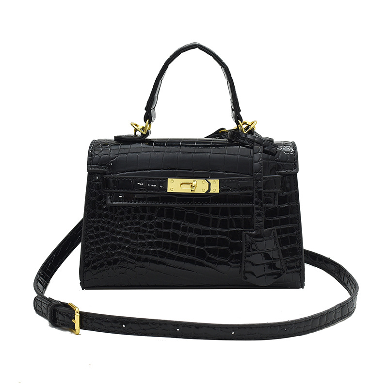 Fashion Black Pu Crocodile Pattern Lock Large Capacity Crossbody Bag